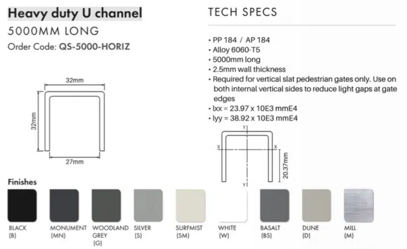 QS - Horizontal Rail for Vertical Slat Gates - 32 x 32mm - B - Image 2