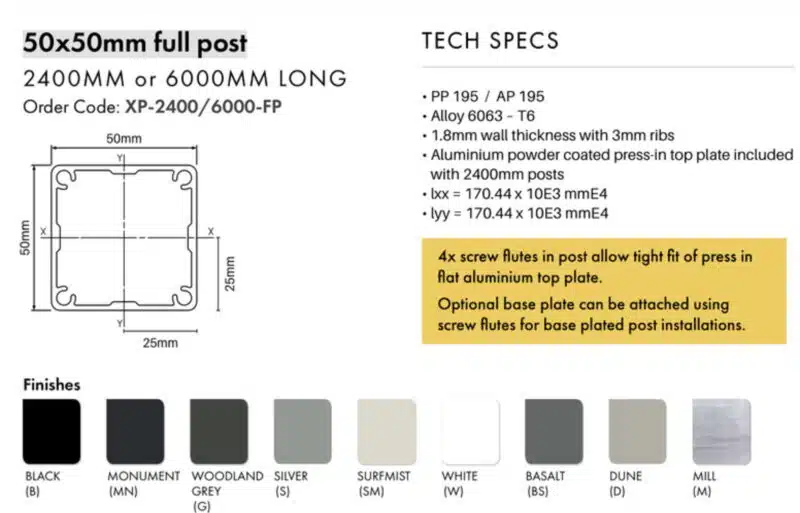 Post - 50x50mm x 6000mm Aluminium  Fencing Post - S - Image 2